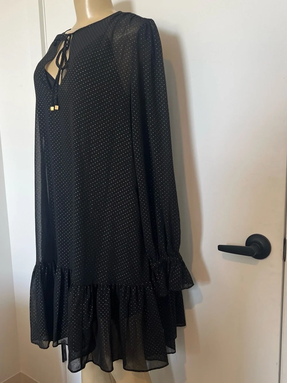 Michael Kors Black Sheer Polka Dot Ruffle-Trim Long Sleeve Dress - Picture 2 of 3
